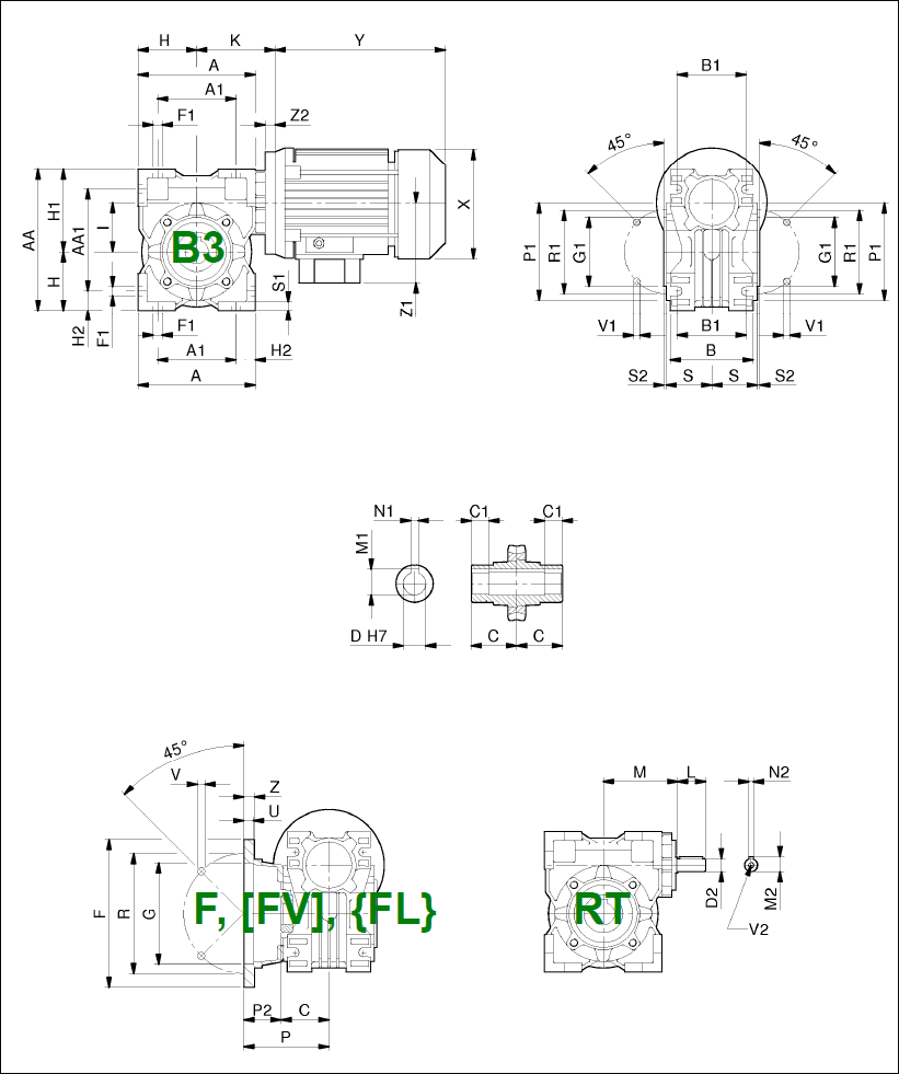 Габаритные и присоединительные размеры SRT 28, SRT 40, SRT 50, SRT 60, SRT 70, SRT 85, SRT 110